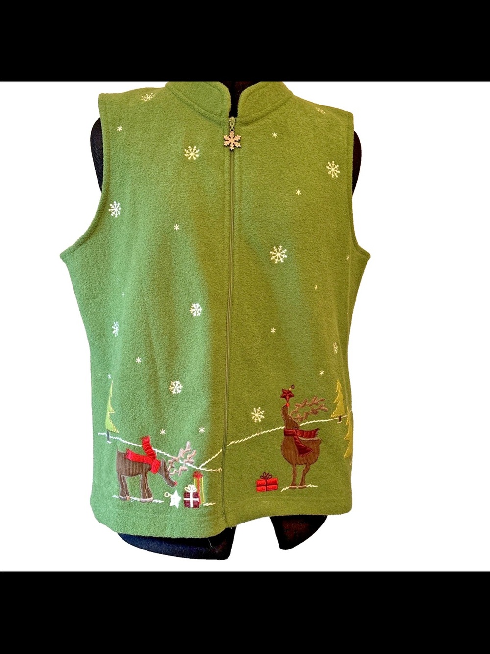 Christopher & Banks Christmas Fleece Vest Green Reindeer Snowflakes Zip XL 2008